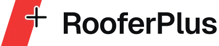 RooferPlus logo with a red shape and black text beside a white plus sign.
