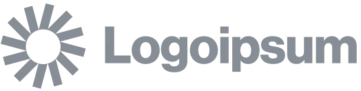 Logo with a grey circular sunburst symbol followed by the text 'Logoipsum'.