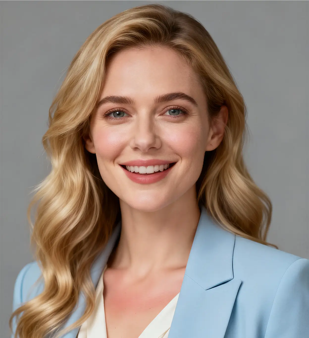 Smiling blonde woman with wavy hair wearing light blue blazer and white blouse on gray background.