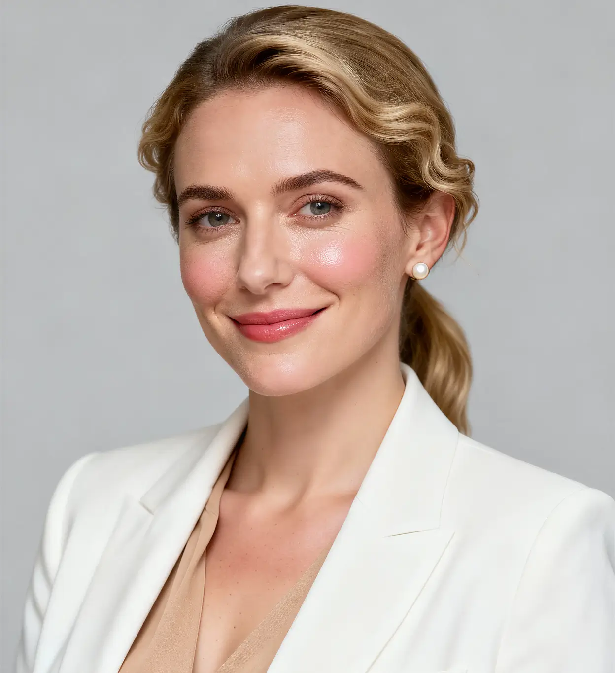 Smiling woman with blonde hair in a white blazer and beige top against a light background.