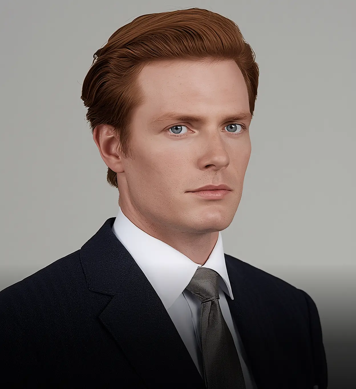 Professional portrait of a man with light skin and red hair wearing a dark suit and gray tie.