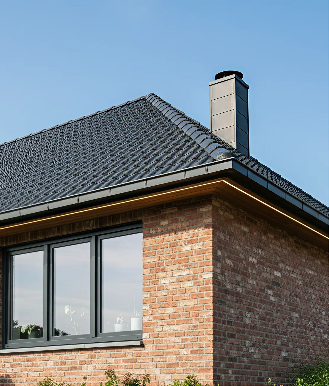 Corner of brick house with black tiled roof, chimney, large window, and clear blue sky.