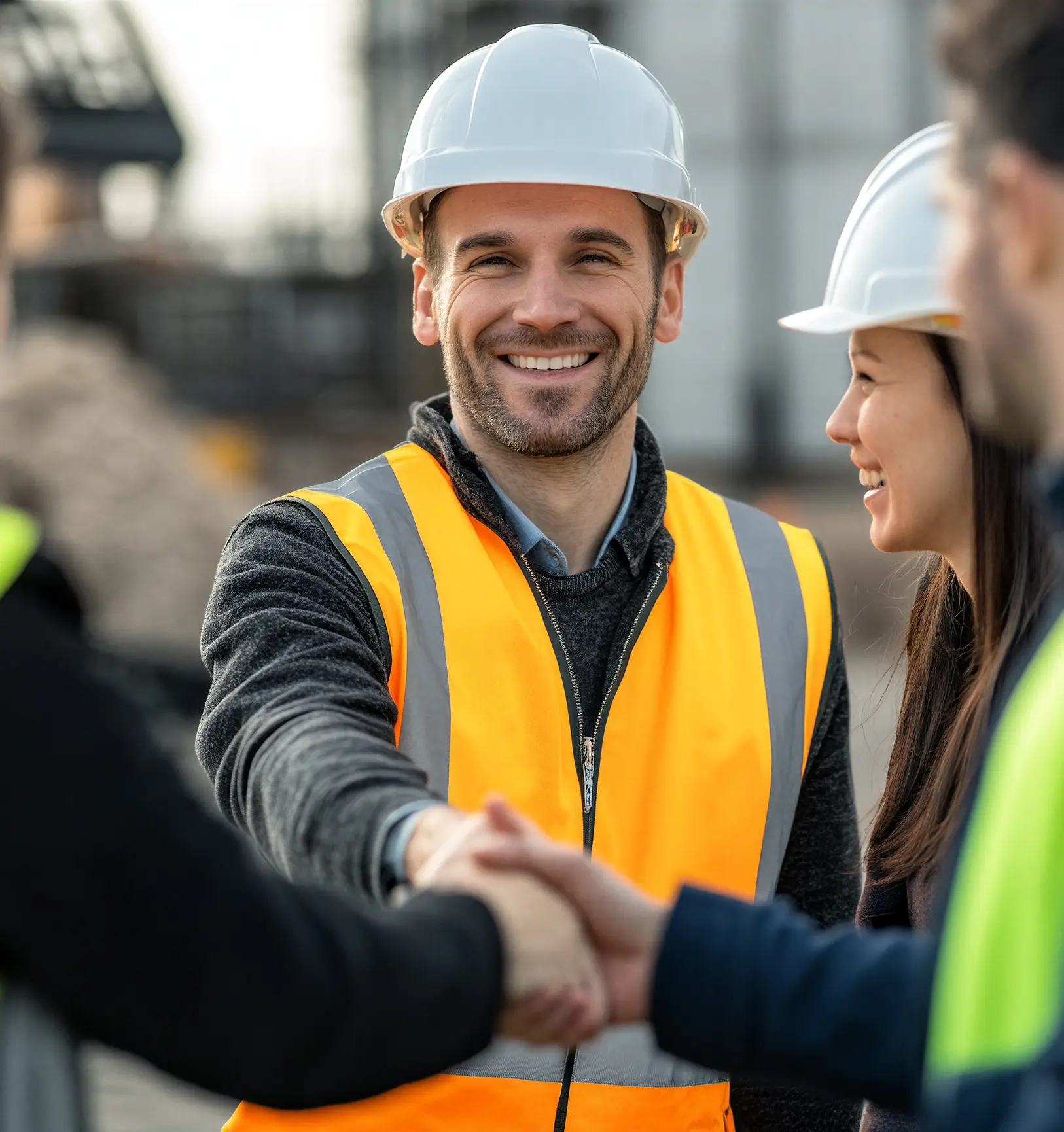 Smiling male construction worker in orange vest and white helmet shaking hands with unseen person outdoors.