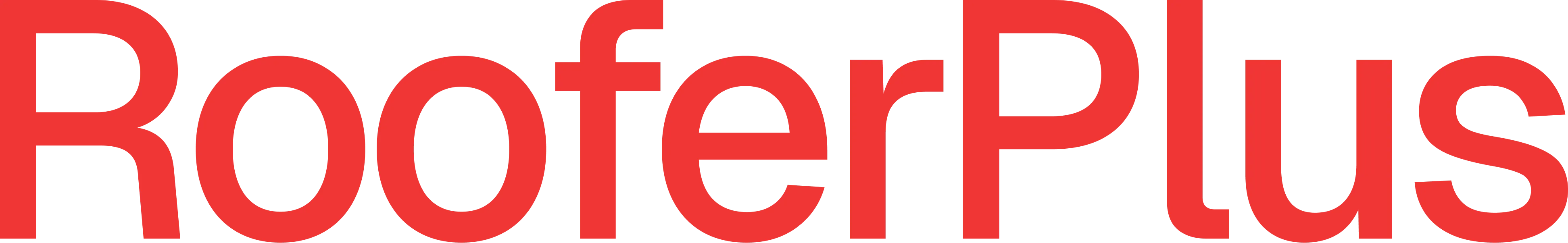 Red text wordmark reading RooferPlus in a bold sans-serif font.