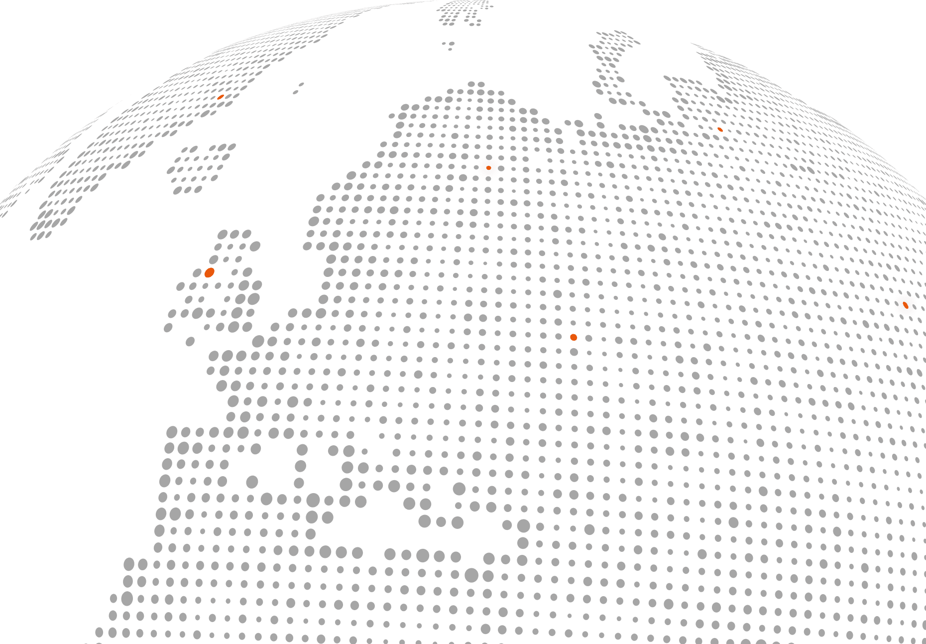 Digital globe with Europe and parts of Africa and Asia shown as gray dots, with some red-highlighted dots.